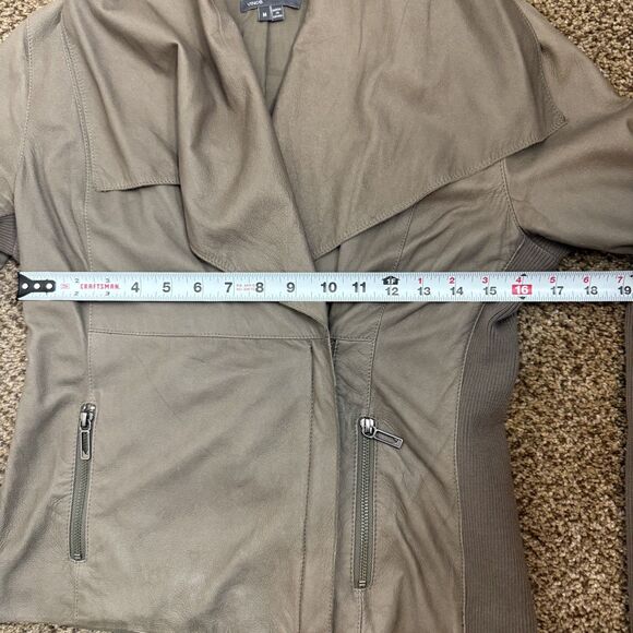 Vince Draped Neutral Tan Moto Leather Jacket Rib Knit Wool Details Size M Zipper - Picture 9 of 13